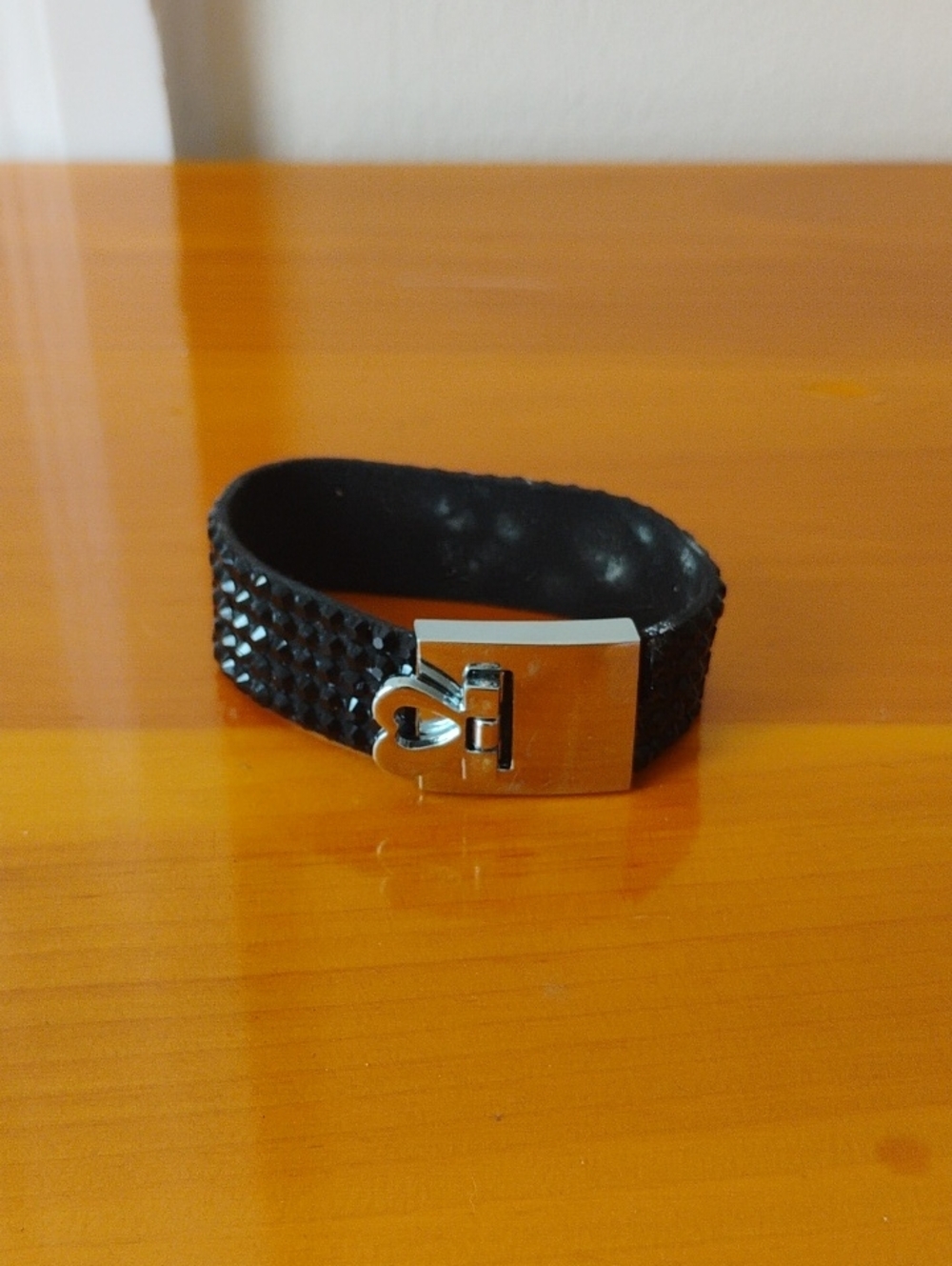 Black Crystal Leather Bracelet with Silver Clasp